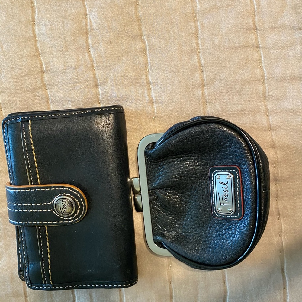 Fossil Vintage Black Leather Wallet and Coin Purse